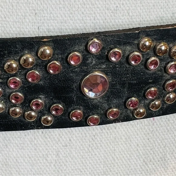 Leather Pink Clear Studded Dark Gray Ladies Fashion Belt Brass Buckle Size M/36" - Picture 4 of 9